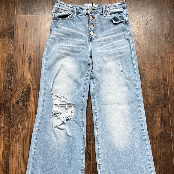 Risen Jeans Denim - Womens Risen Wideleg Jeans, Light Wash, Button Fly, Distressed, Size 9/29